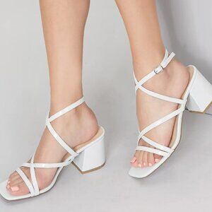 White Open Toe Chunky Heel Slingbacks